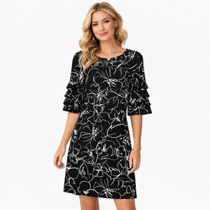 Gabby Skye Dress Women's 6 Black White Floral Shift Ruffle Sleeve